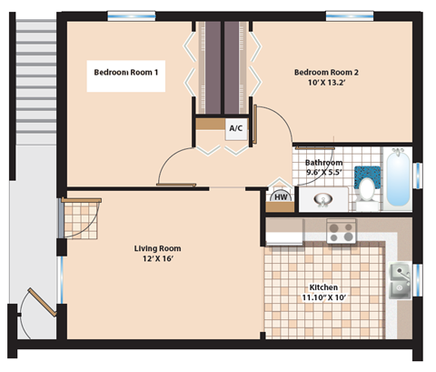 Floor plan for 2 beds, 1 bath, 850 sqft