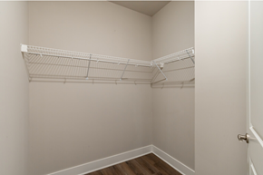 Auburn Hills apartment for rent - the closet in a bedroom of a home with white shelves and a white door