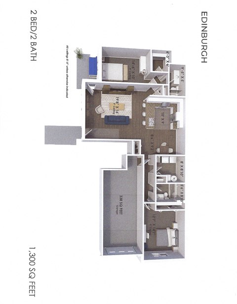 Floor plan for 2 beds, 2 baths, 1299 sqft