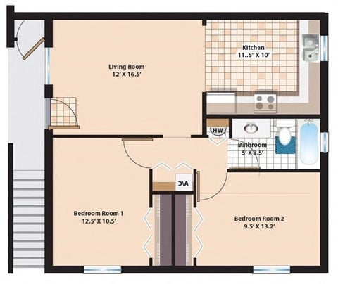 Floor plan for 2 beds, 1 bath, 840 sqft