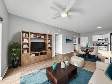 Pleasant Hill apartment for rent - A modern living room with a ceiling fan and a blue rug on the floor.