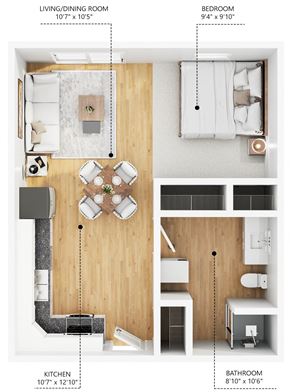 Pleasant Hill apartment for rent - A diagram of a small apartment with a living room, kitchen, bedroom and bathroom.