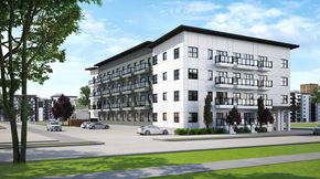 Winnipeg apartment for rent - a rendering of a white apartment building on a city street