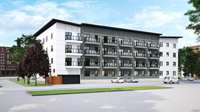 Winnipeg apartment for rent - a rendering of a white apartment building with cars parked in front of it