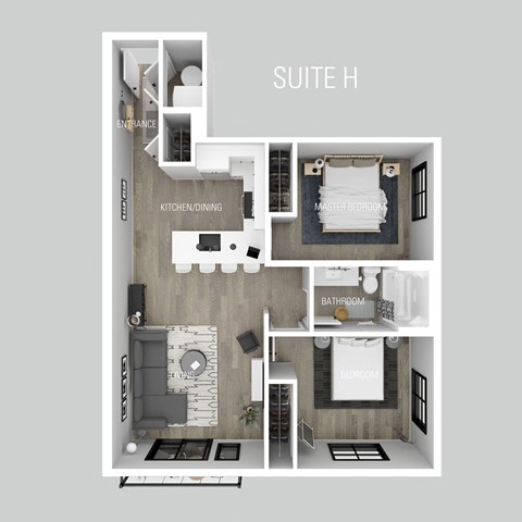 Floor plan for 2 beds, 1 bath, 894 sqft