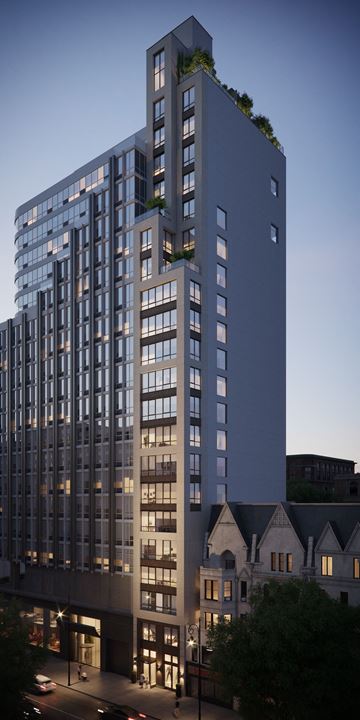 New York apartment for rent - a rendering of a tall apartment building at dusk