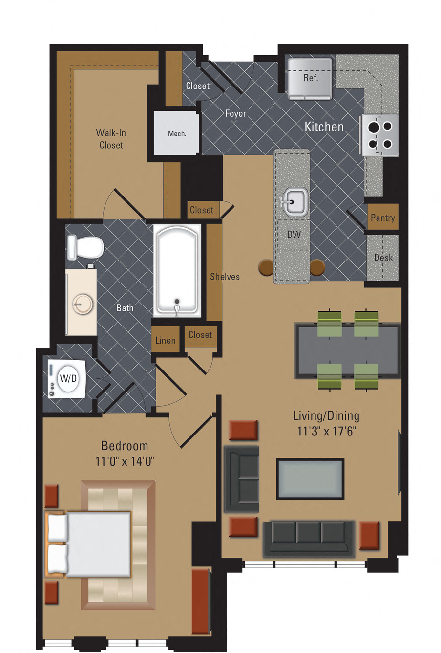 Floor plan for 1 bed, 1 bath, 828 sqft