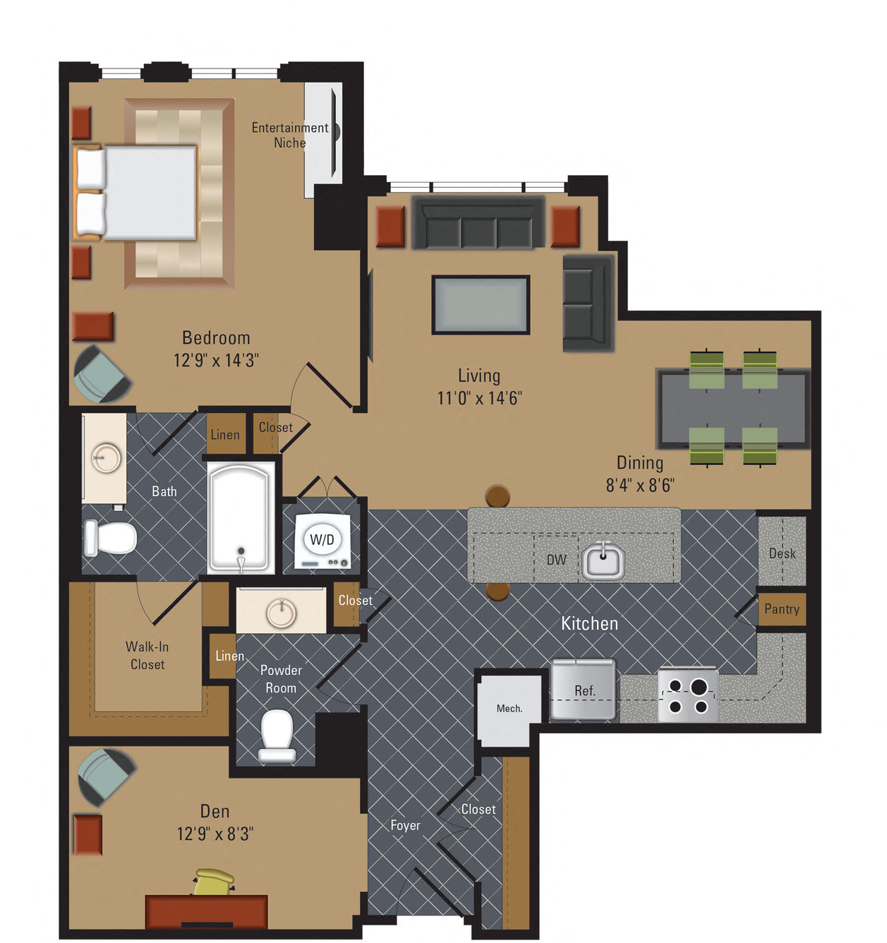 Floor plan for 2 beds, 2 baths, 1240 sqft