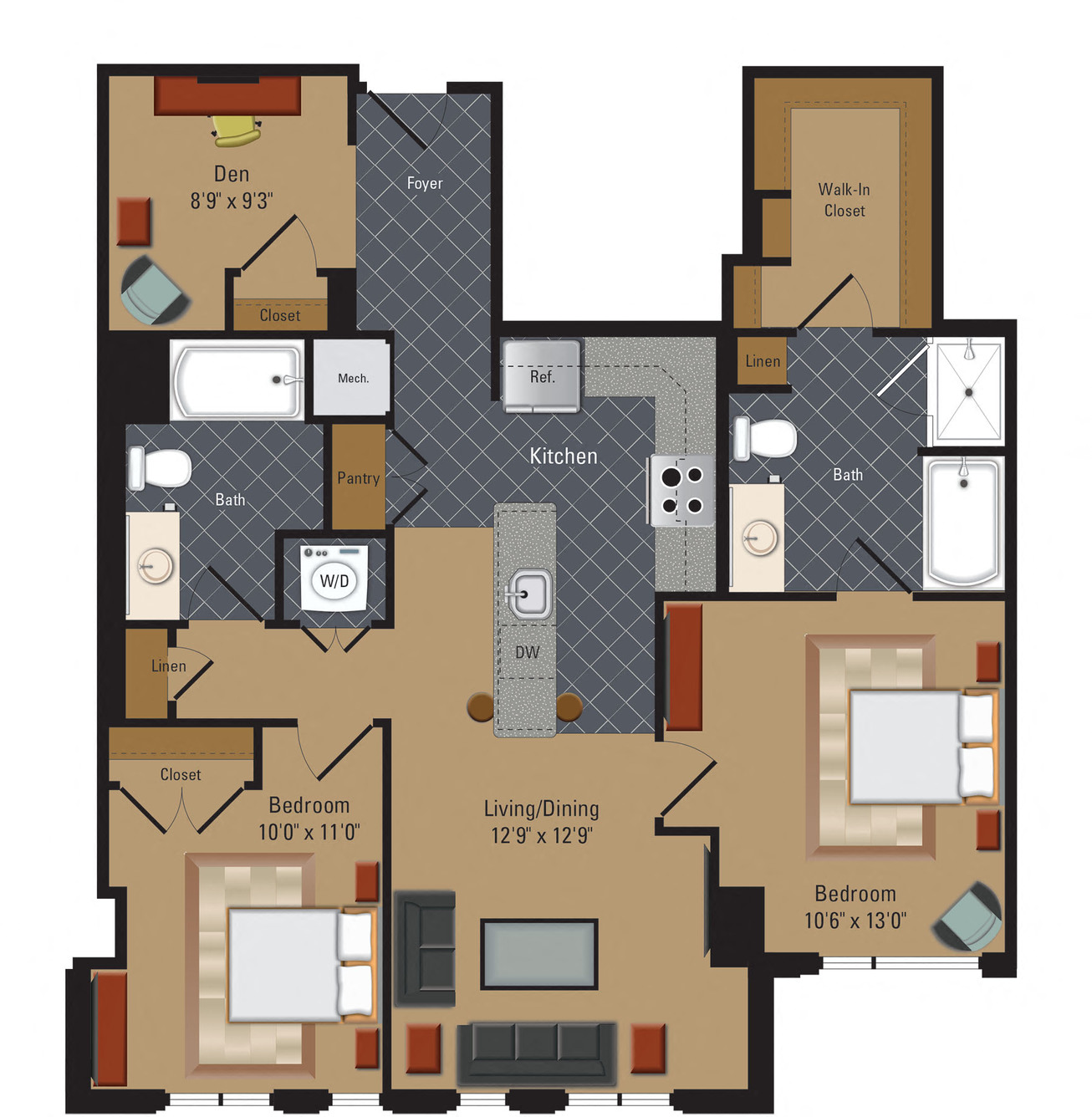 Floor plan for 2 beds, 2 baths, 1244 sqft