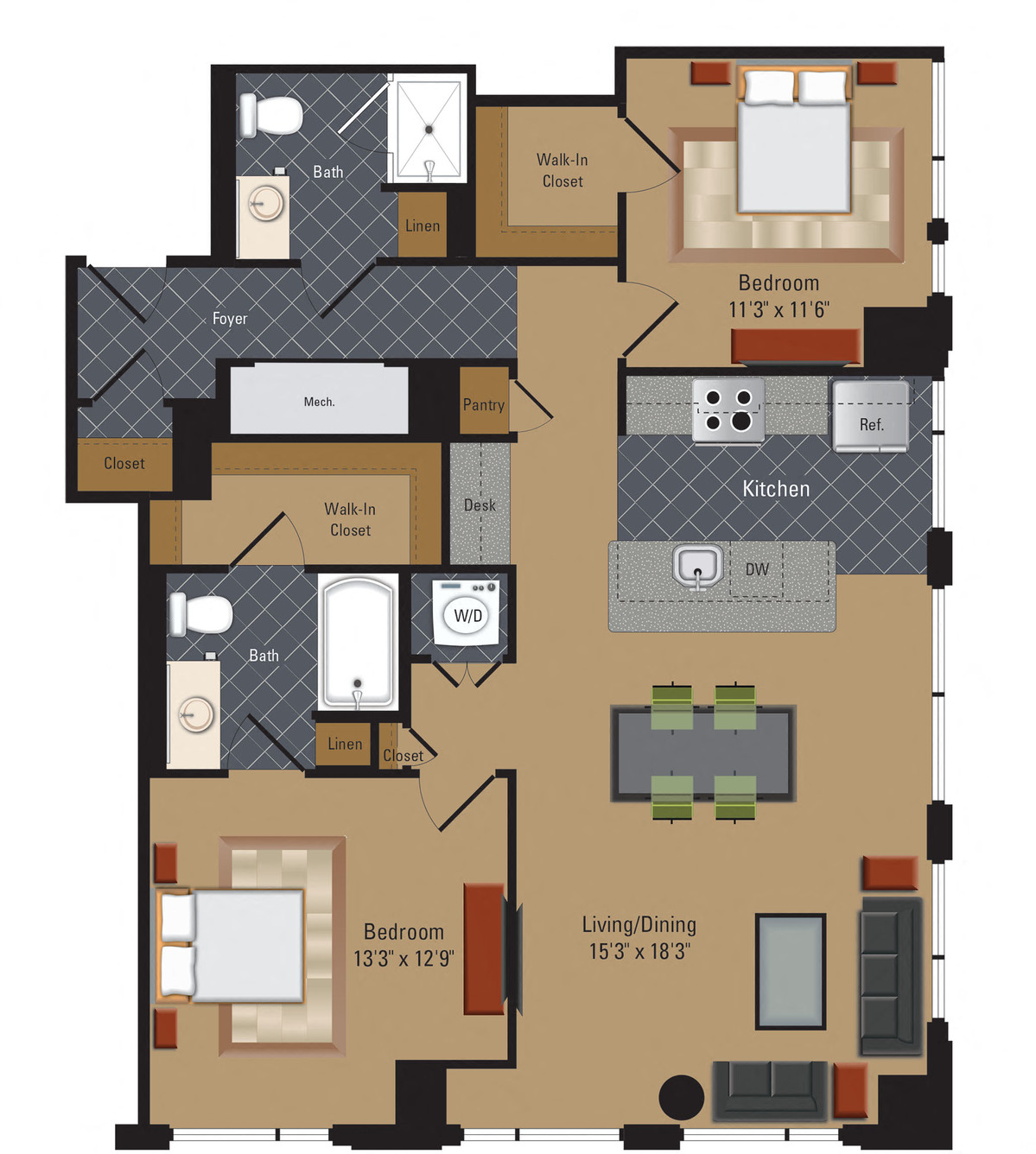 Floor plan for 2 beds, 2 baths, 1147 sqft