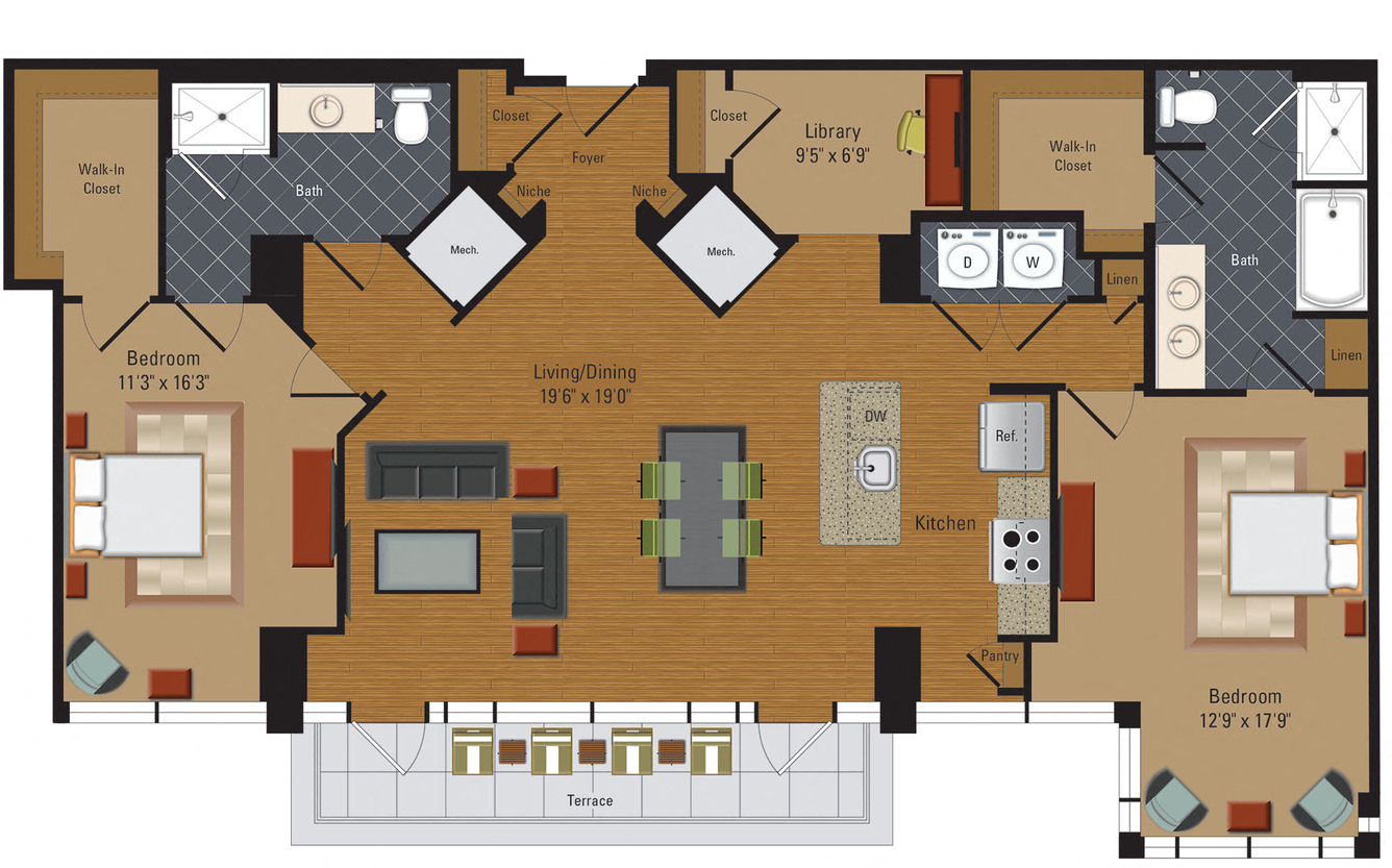 Floor plan for 2 beds, 2 baths, 1571 sqft