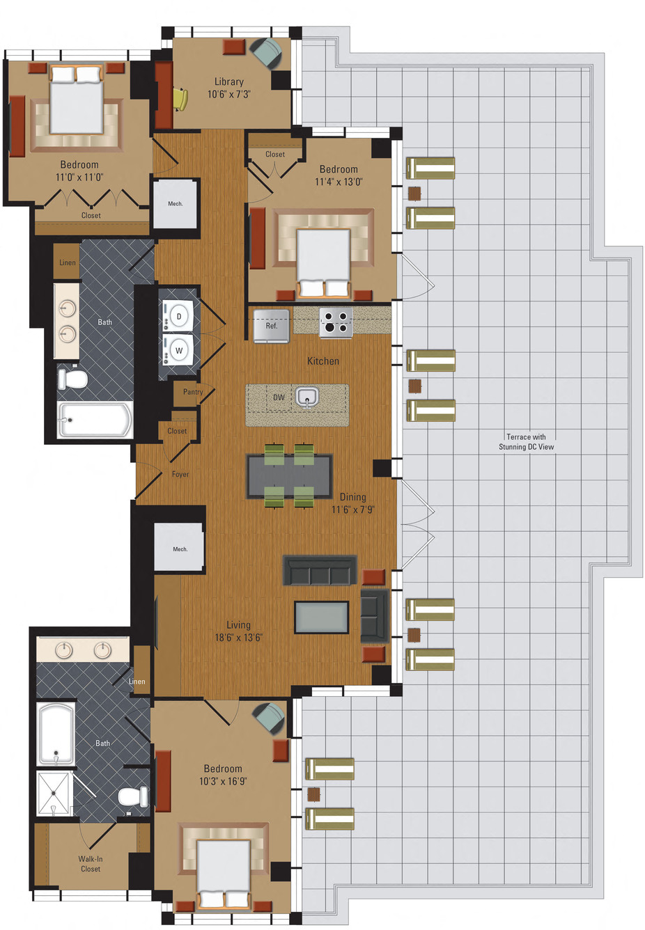 Floor plan for 3 beds, 2.5 baths, 1610 sqft