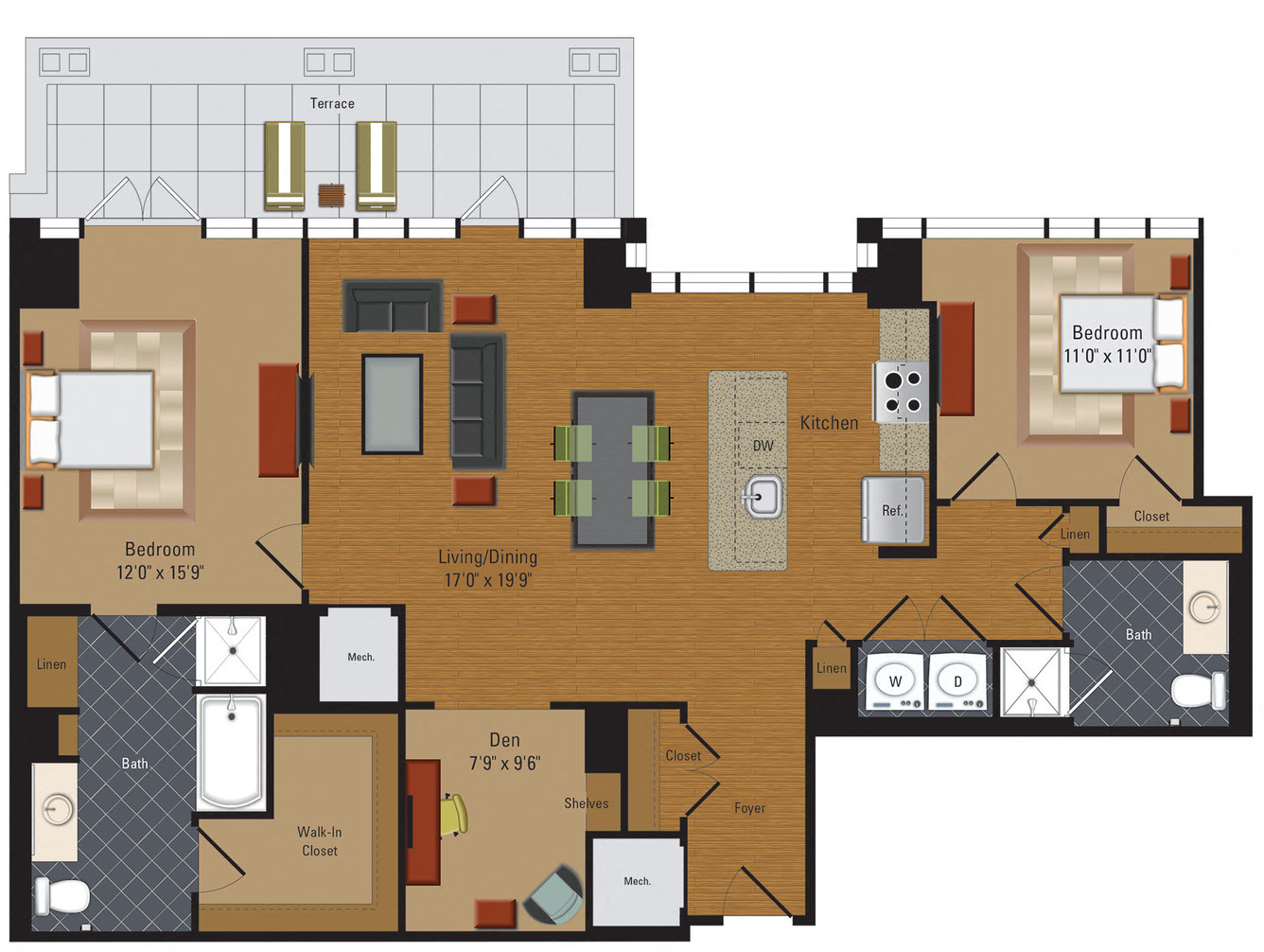 Floor plan for 2 beds, 2 baths, 1265 sqft