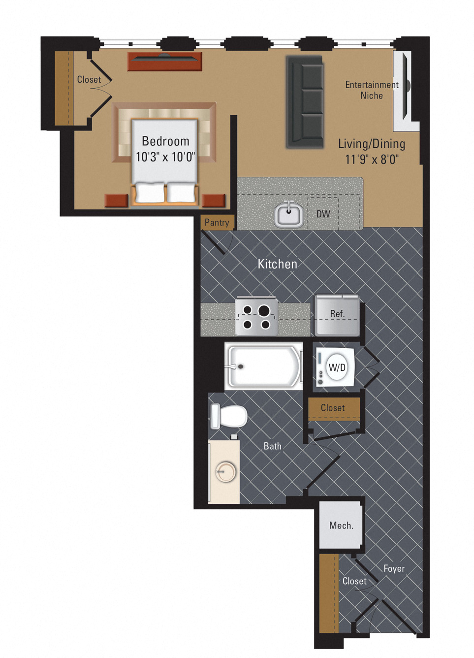 Floor plan for studio, 1 bath, 595 sqft