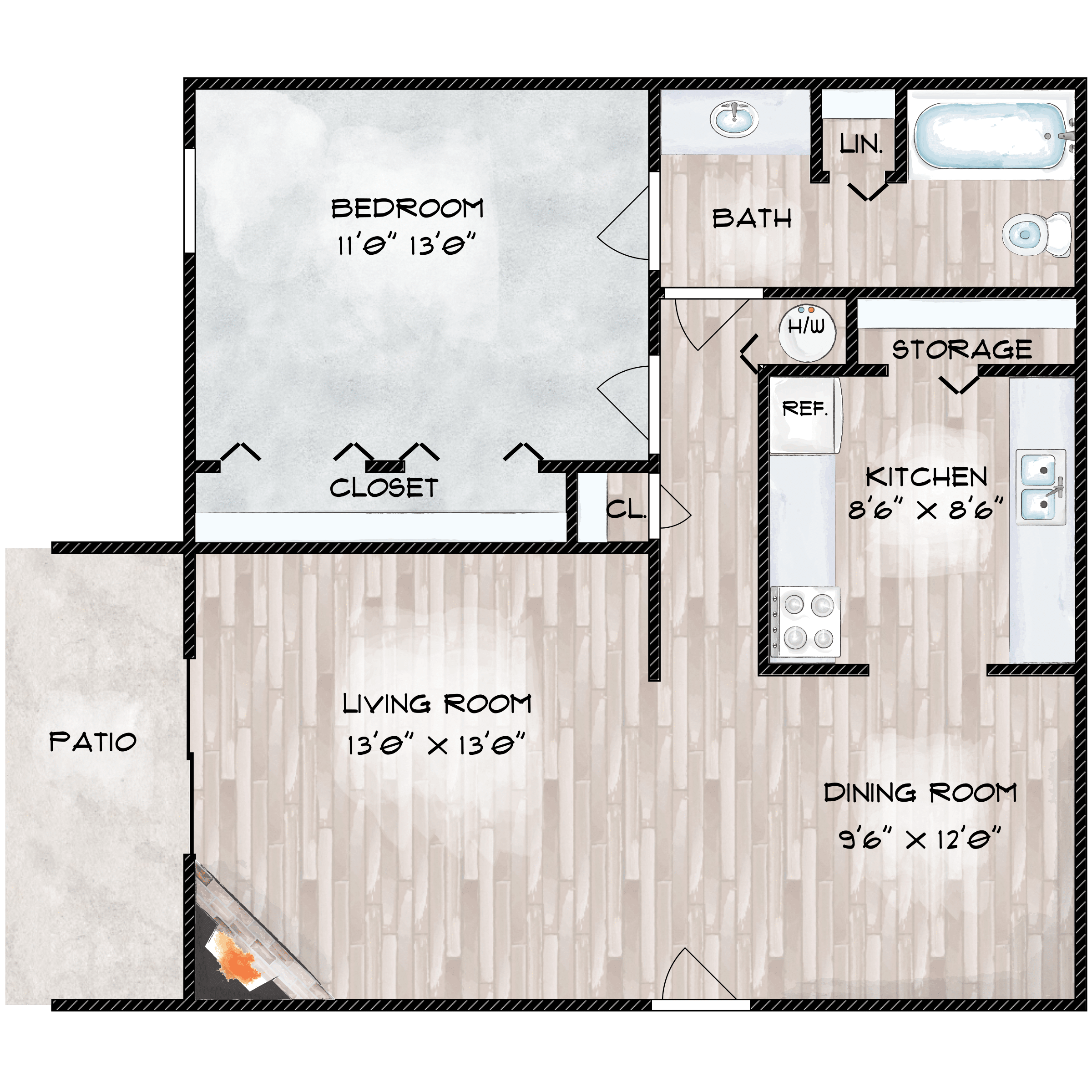 Floor plan for 1 bed, 1 bath, 714 sqft