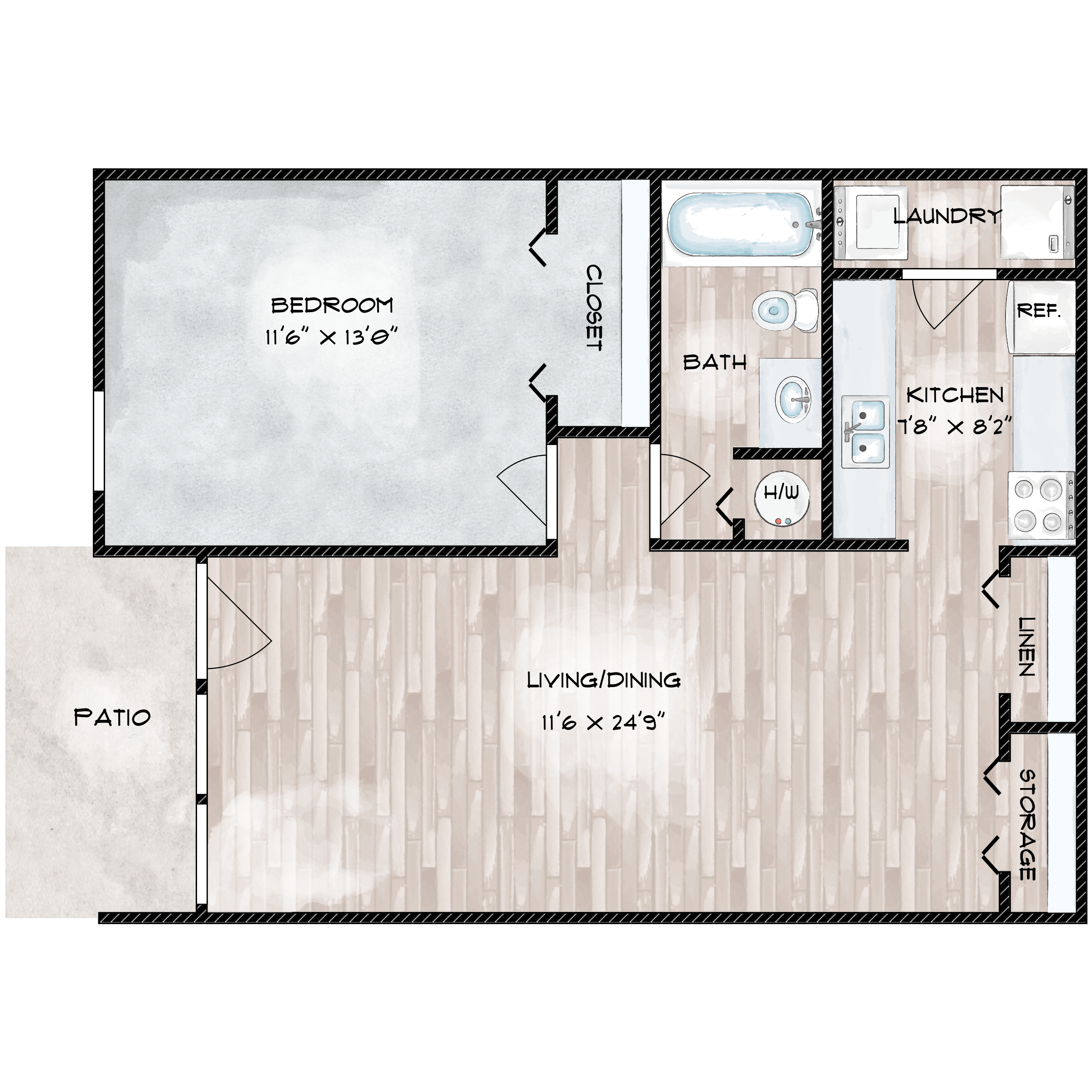 Floor plan for 1 bed, 1 bath, 722 sqft