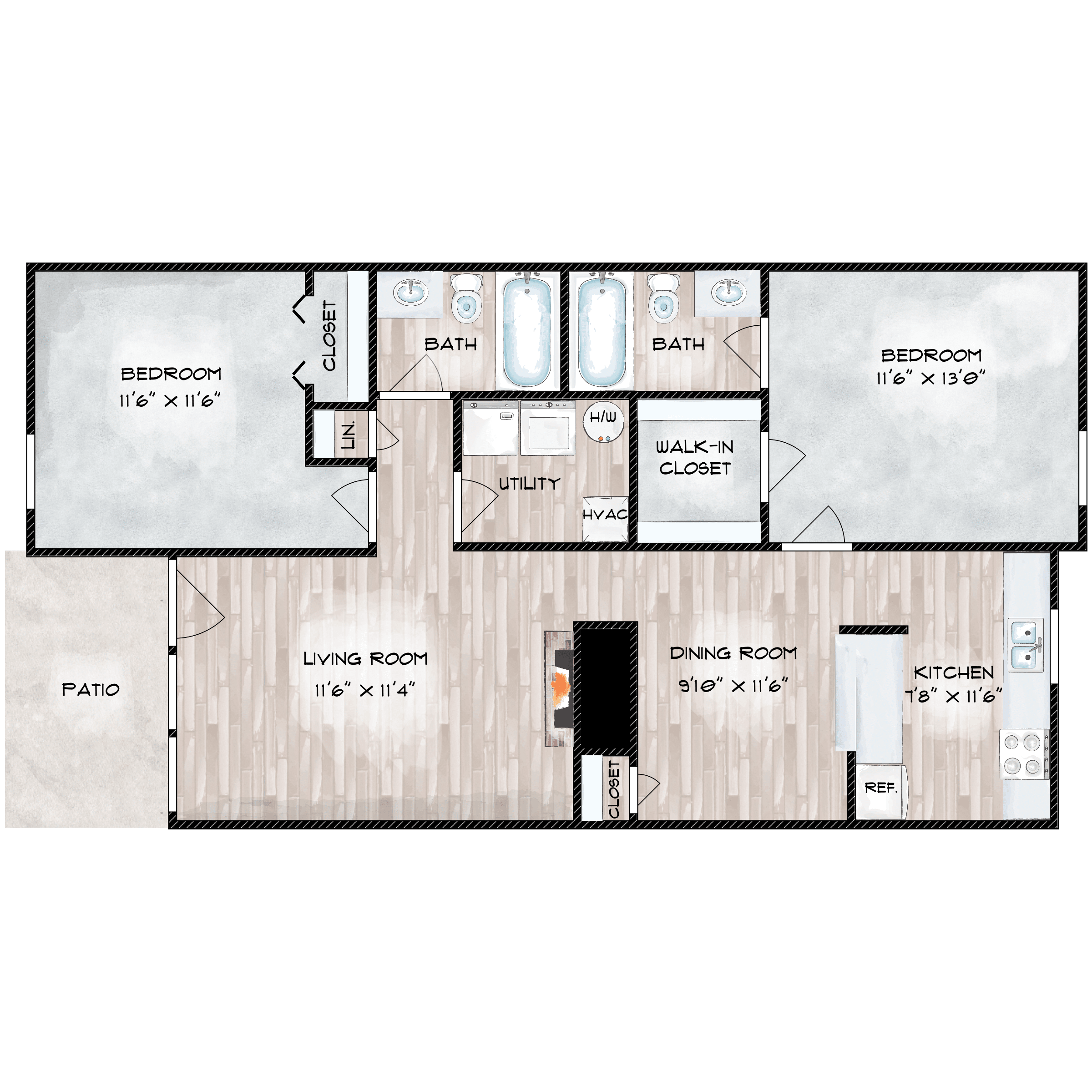 Floor plan for 2 beds, 2 baths, 1052 sqft