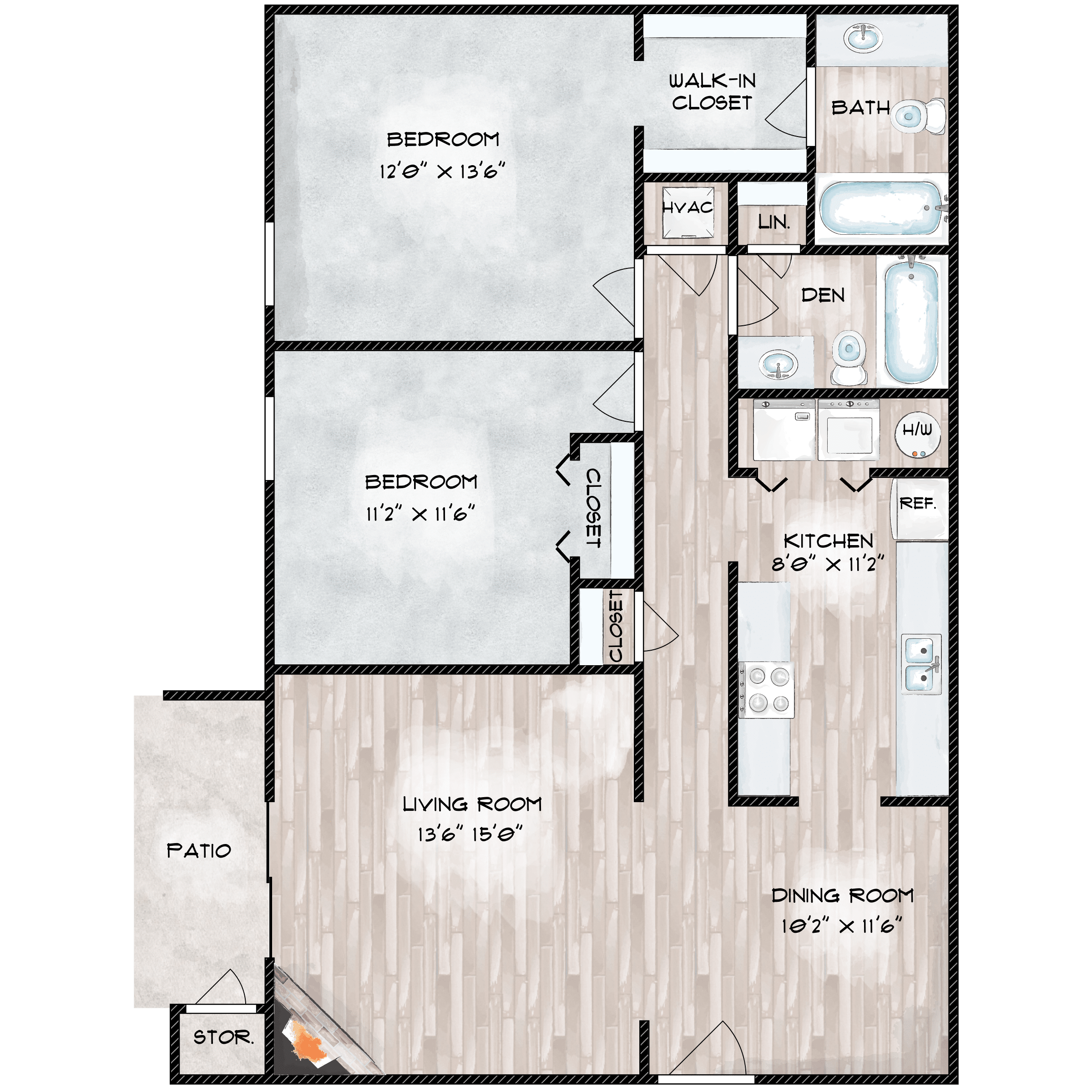 Floor plan for 2 beds, 2 baths, 995 sqft