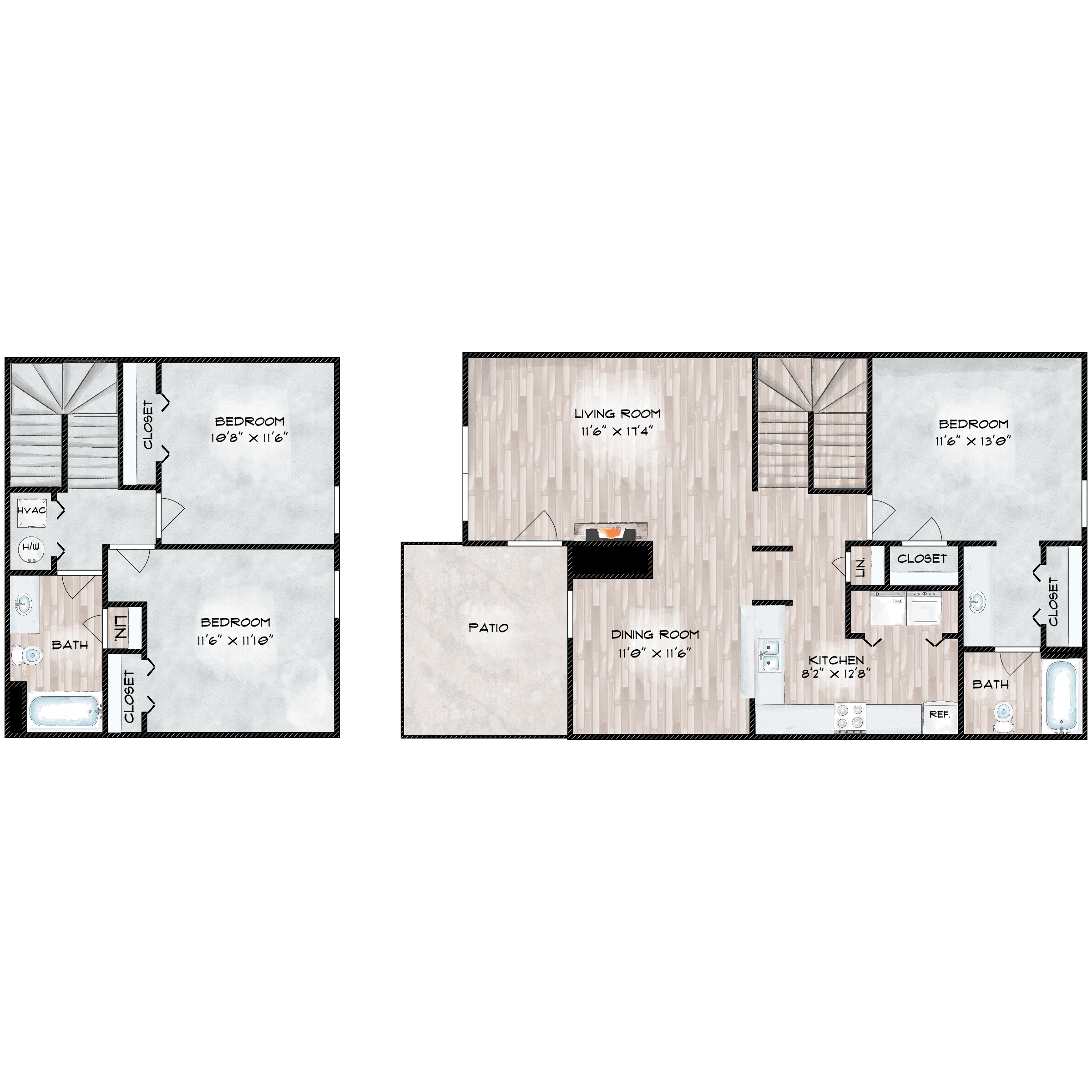 Floor plan for 3 beds, 2 baths, 1382 sqft