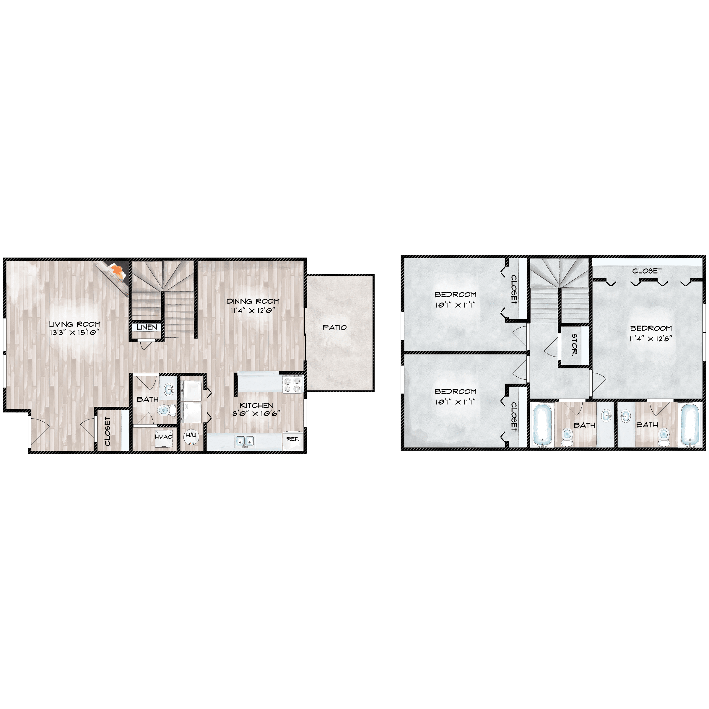 Floor plan for 3 beds, 2 baths, 1404 sqft