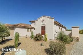 Goodyear house for rent - A house with a brown roof and a brown door is surrounded by plants and a cactus.
