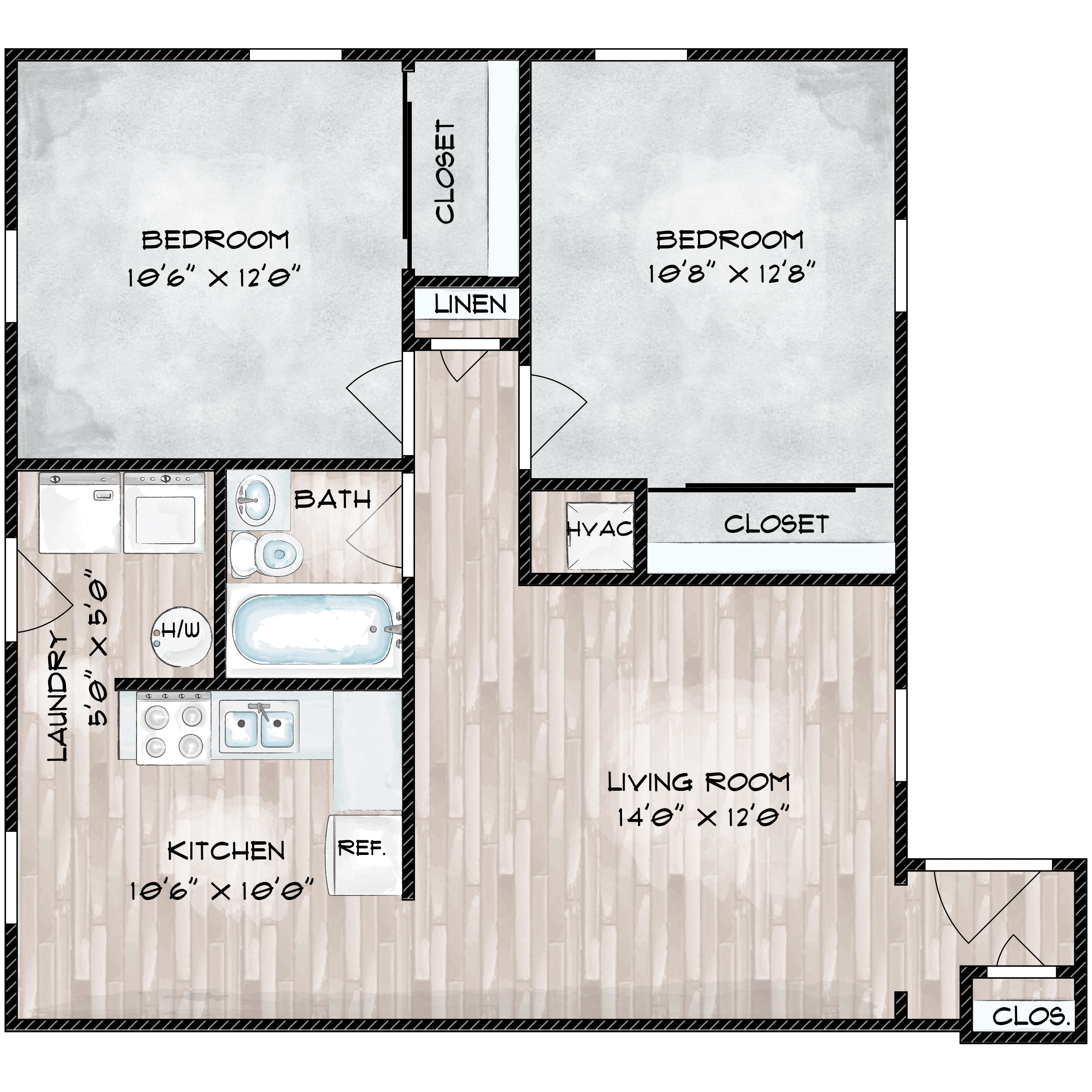 Floor plan for 2 beds, 1 bath, 900 sqft