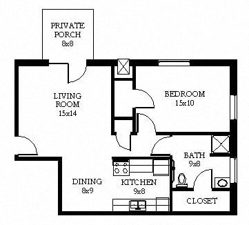 Floor plan for 1 bed, 1 bath, 872 sqft