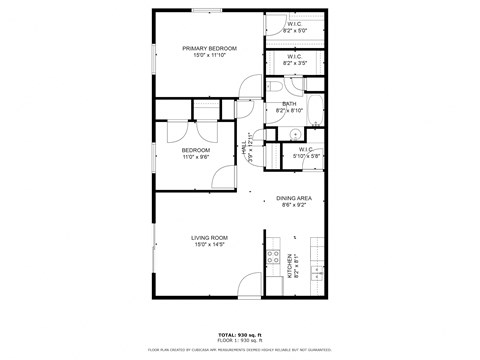 Floor plan for 2 beds, 1 bath, 1023 sqft