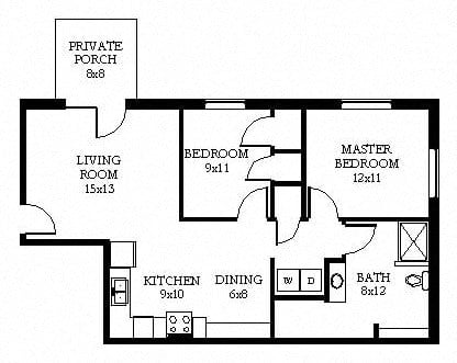 Floor plan for 2 beds, 1 bath, 1023 sqft
