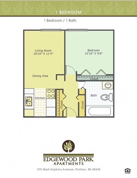 Floor plan for 1 bed, 1 bath, 600 sqft