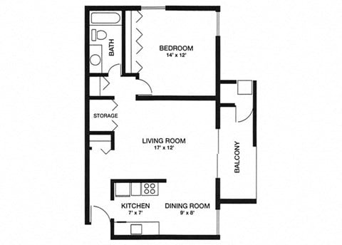 Floor plan for 1 bed, 1 bath, 730 sqft