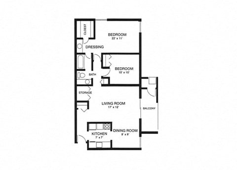 Floor plan for 2 beds, 1 bath, 910 sqft