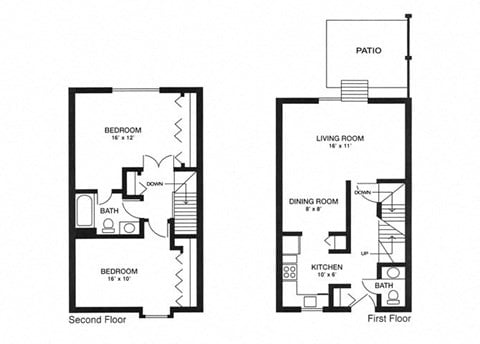 Floor plan for 2 beds, 1.5 baths, 960 sqft