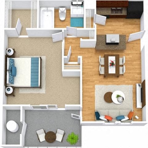 Floor plan for 1 bed, 1 bath, 680 sqft