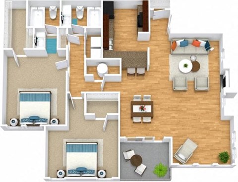 Floor plan for 2 beds, 2 baths, 1300 sqft