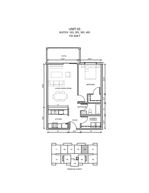 Floor plan for 1 bed, 1 bath, 735 sqft