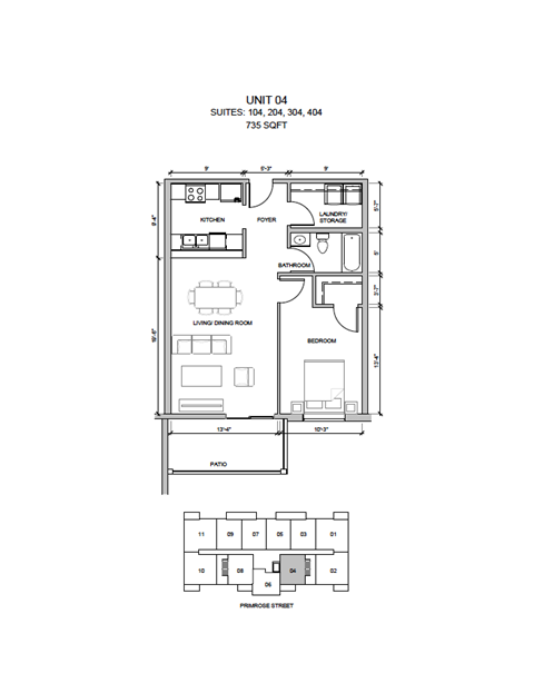 Floor plan for 1 bed, 1 bath, 735 sqft