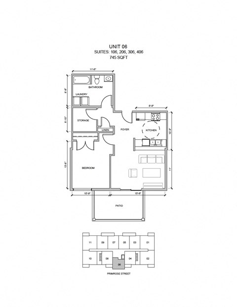 Floor plan for 1 bed, 1 bath, 745 sqft