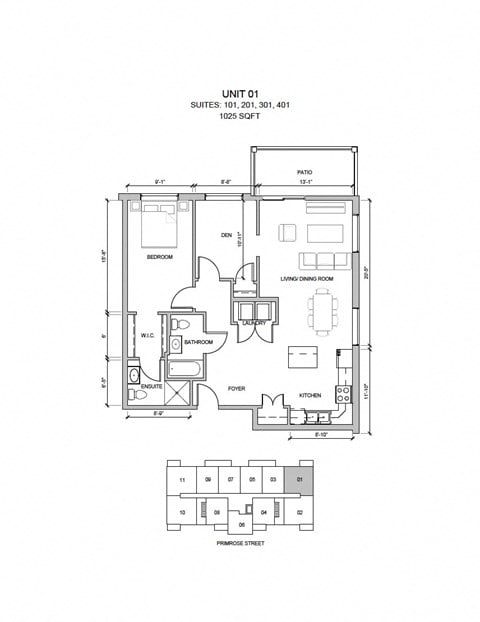 Floor plan for 2 beds, 2 baths, 1025 sqft