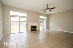 Middleburg house for rent - A spacious room with a fireplace and sliding glass doors.
