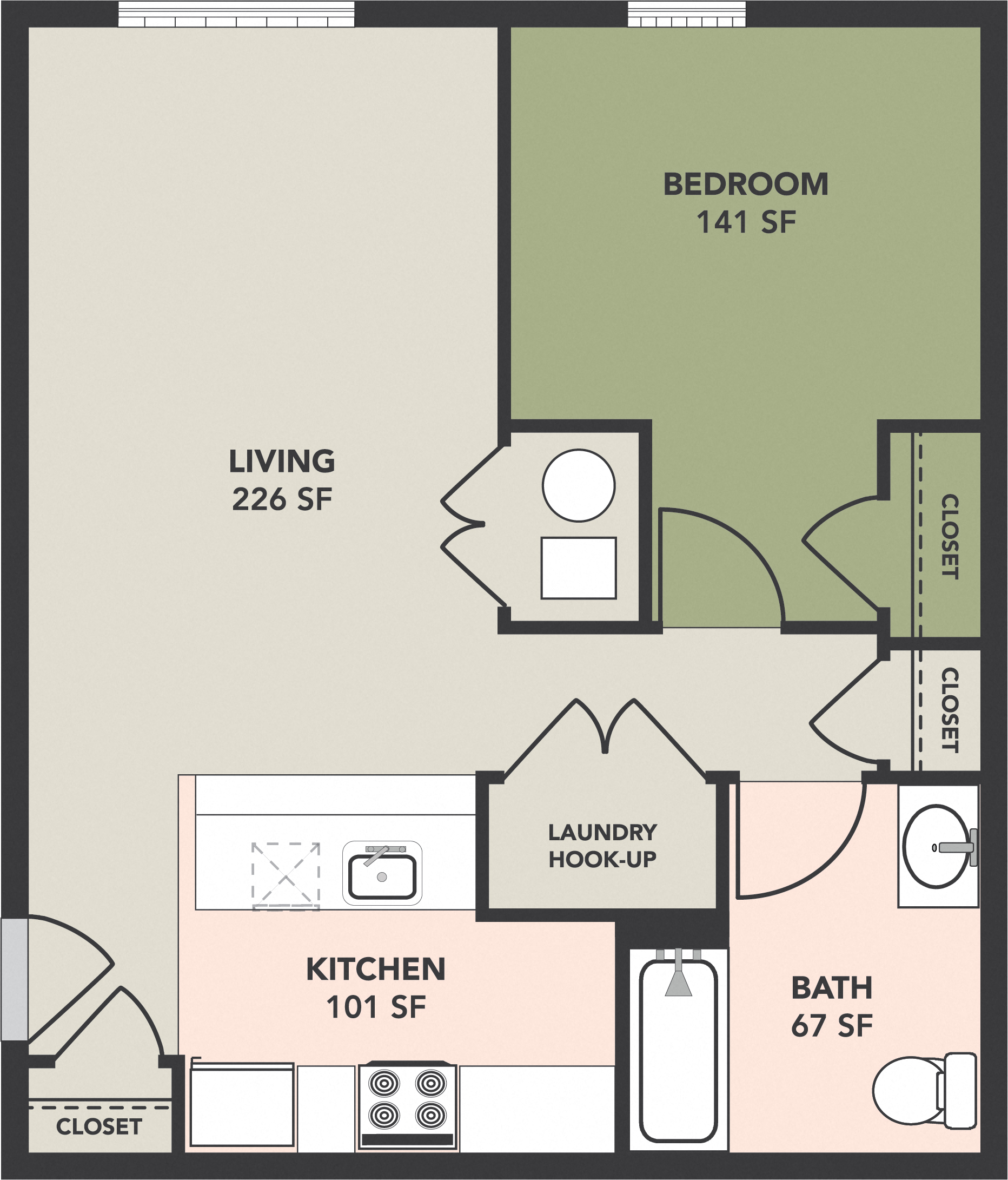 Floor plan for 1 bed, 1 bath, 711 sqft