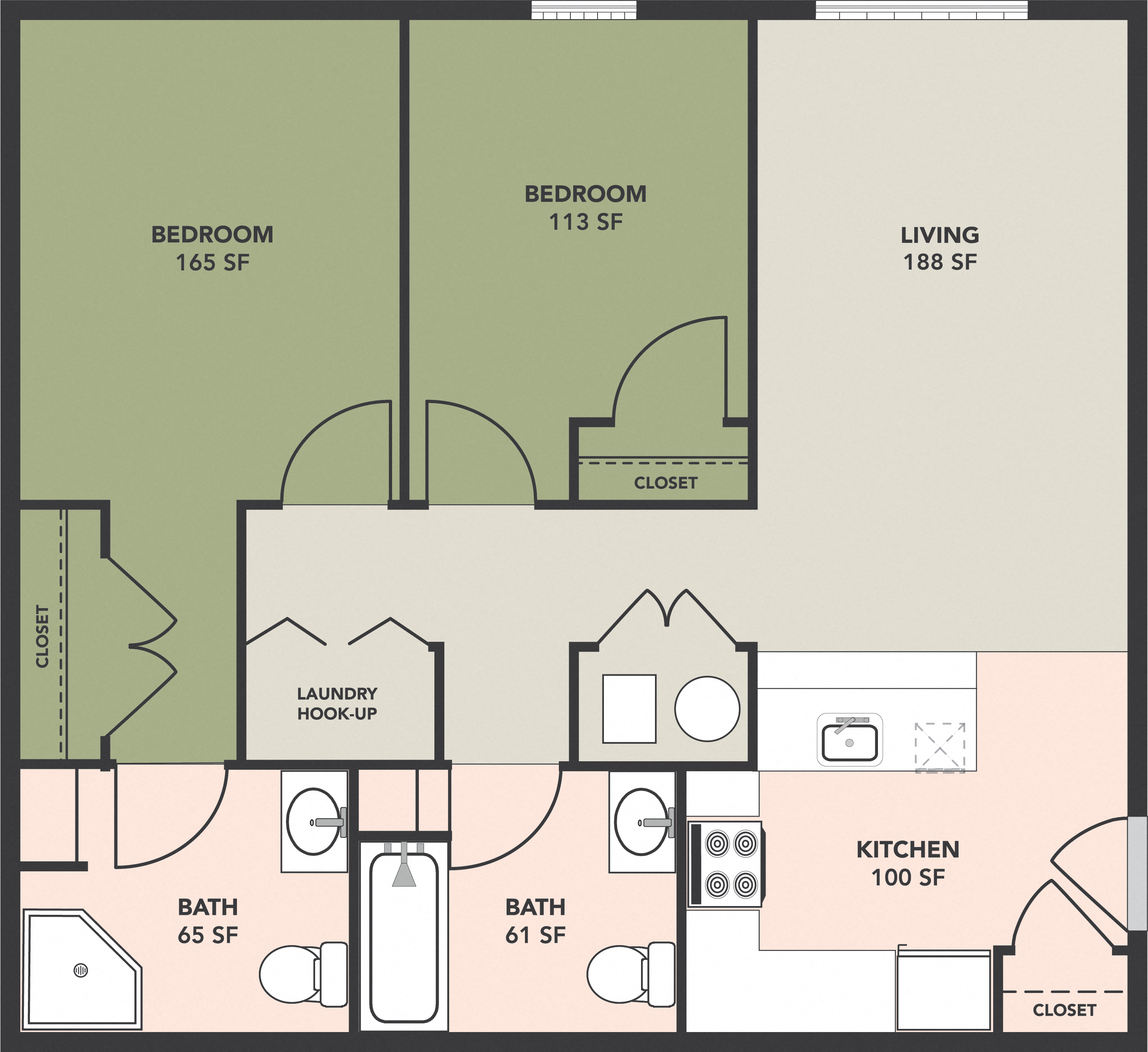Floor plan for 2 beds, 2 baths, 957 sqft