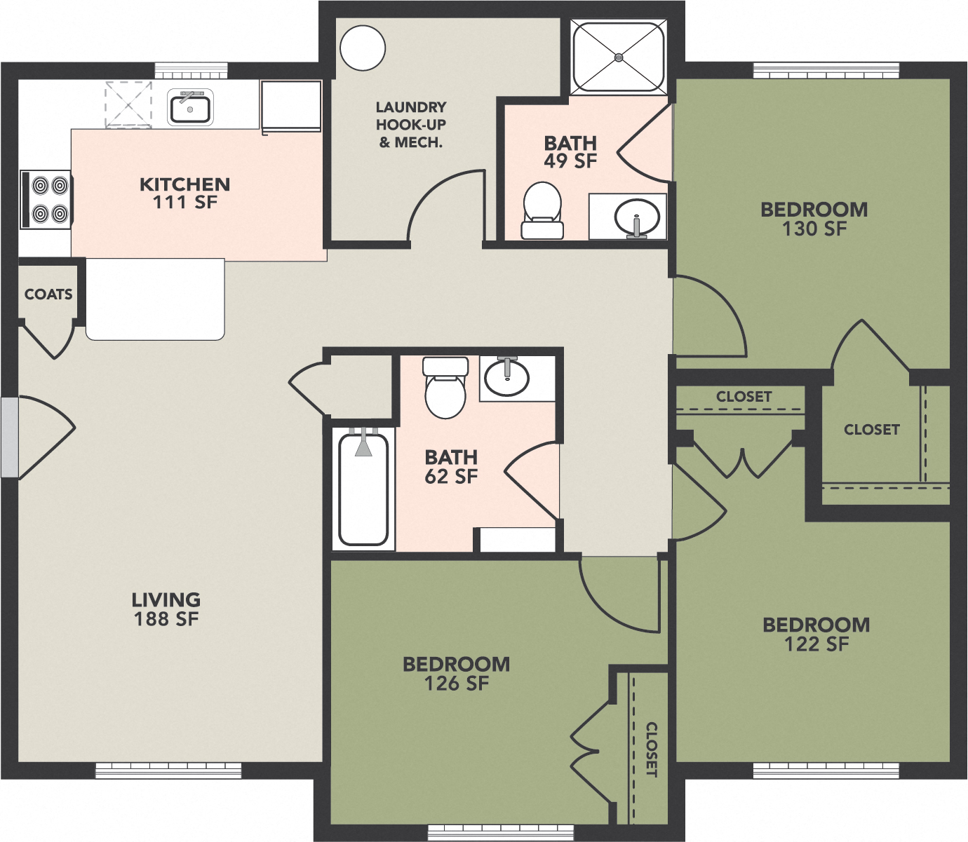 Floor plan for 3 beds, 2 baths, 1227 sqft
