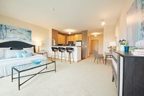 Minneapolis apartment for rent - A modern living space with a sofa, coffee table and kitchen area in the background.