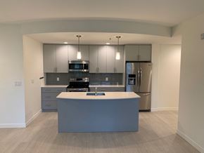 Winnipeg apartment for rent - an open kitchen with a blue island and stainless steel appliances