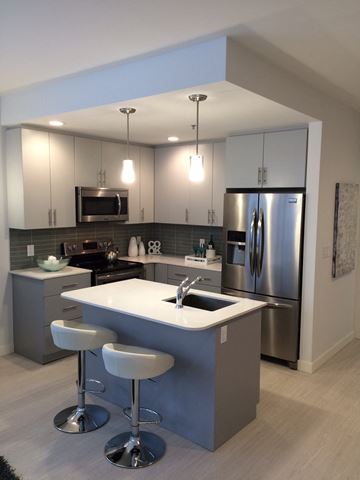 Winnipeg apartment for rent - a kitchen with an island and a stainless steel refrigerator
