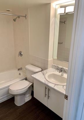 Winnipeg apartment for rent - a bathroom with a toilet sink and tub and a mirror