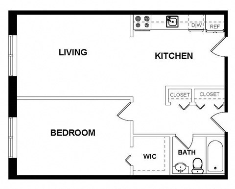 Floor plan for 1 bed, 1 bath, 675 sqft