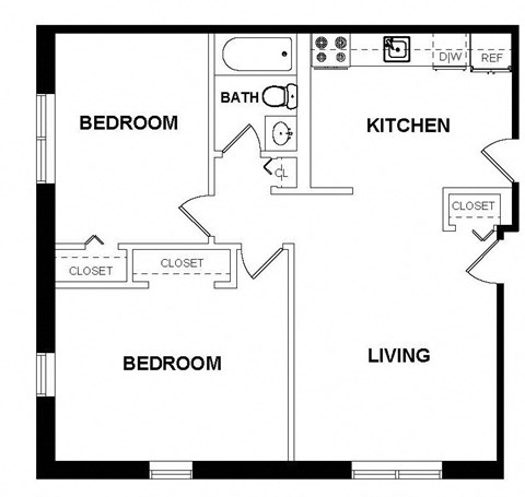 Floor plan for 2 beds, 1 bath, 810 sqft