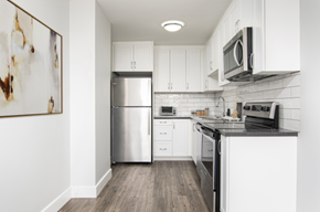 Dartmouth apartment for rent - A modern kitchen with white cabinets and stainless steel appliances.